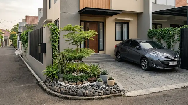 Desain Halaman Depan 3x4 Meter dengan Carport dan Taman Mini