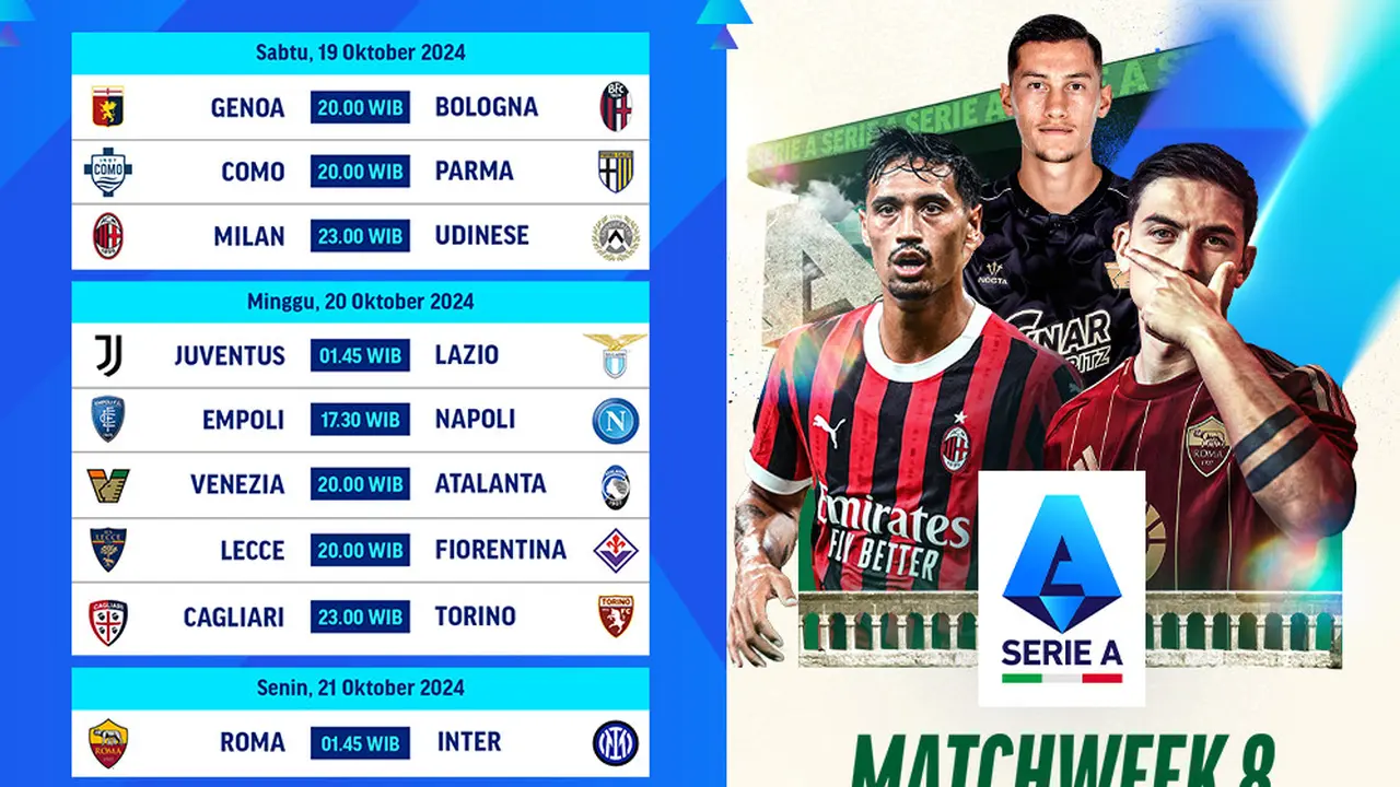 Jadwal Serie A Liga Italia 2024/25 di Matchweek ke 8 di Vidio