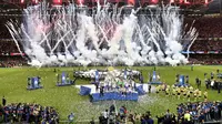 Selebrasi dan perayaan kemenangan Real Madrid atas Juventus pada final Liga Champions 2016-2017 di  Millennium Stadium, Cardiff, Wales, (3/6/2017). (Pool via AP)
