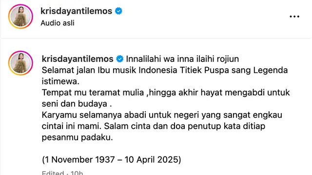 Ungkapan dukacita Krisdayanti untuk Titiek Puspa. (Foto: Dok. Instagram @krisdayantilemos)
