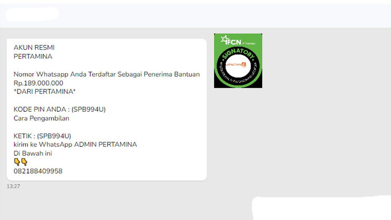 Tangkapan layar klaim pemberian dana bantuan Rp 189 juta dari Pertamina