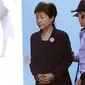 Ekspresi Park Geun-hye saat tiba di Pengadilan Distrik Pusat Seoul, Korea Selatan (23/5). Park Geun-hye menjalani sidang perdana atas serangkaian tuduhan korupsi yang dialamatkan kepadanya. (AP Photo/Lee Jin-man)