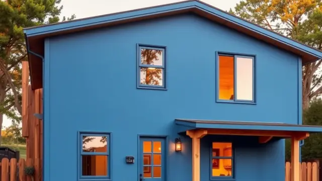 Rumah Biru dengan Aksen Kayu