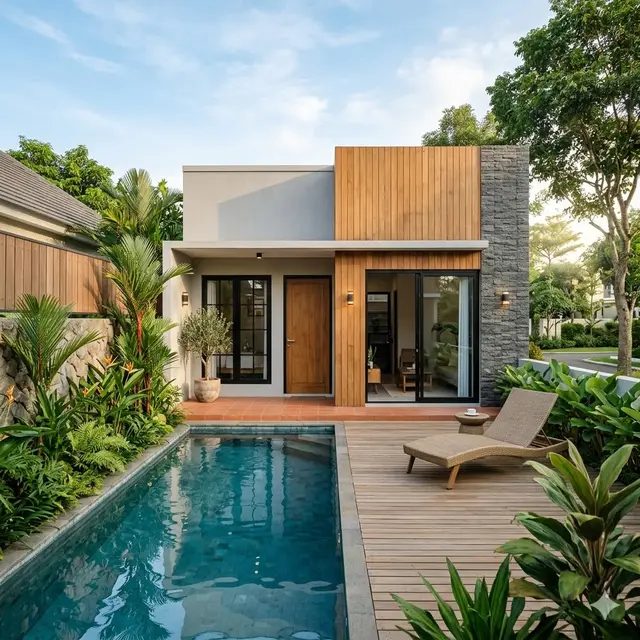 Desain Rumah 1 Lantai 6x10 dengan Kolam Mini Ala Villa