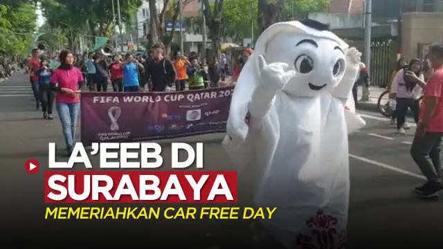 Berita video maskot Piala Dunia 2022, La'eeb, memeriahkan acara Car Free Day di Jalan Darmo, Surabaya, Minggu (23/10/2022) pagi hari WIB.