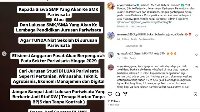 Pariwisata Bali Disebut Lesu, Arya Wedakarna Minta Masyarakat Cari Altenatif Sektor Lain.  foto: (dok.Instagram @aryawedakarna/https://www.instagram.com/p/DHUf82nyrxl/Henry)