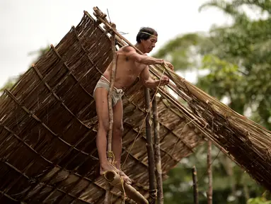 Penduduk asli Waorani, Tiri Nenquimo, membangun rumah tradisional di desa Nemompare, di tepi sungai Curaray, di provinsi Pastaza, Ekuador (14/4/2019). Suku Waorani dari Amazon Ekuador berdemo di depan pengadilan memprotes perusahaan minyak keluar dari wilayah mereka. (AFP Photo/Rodrigo Beundia)
