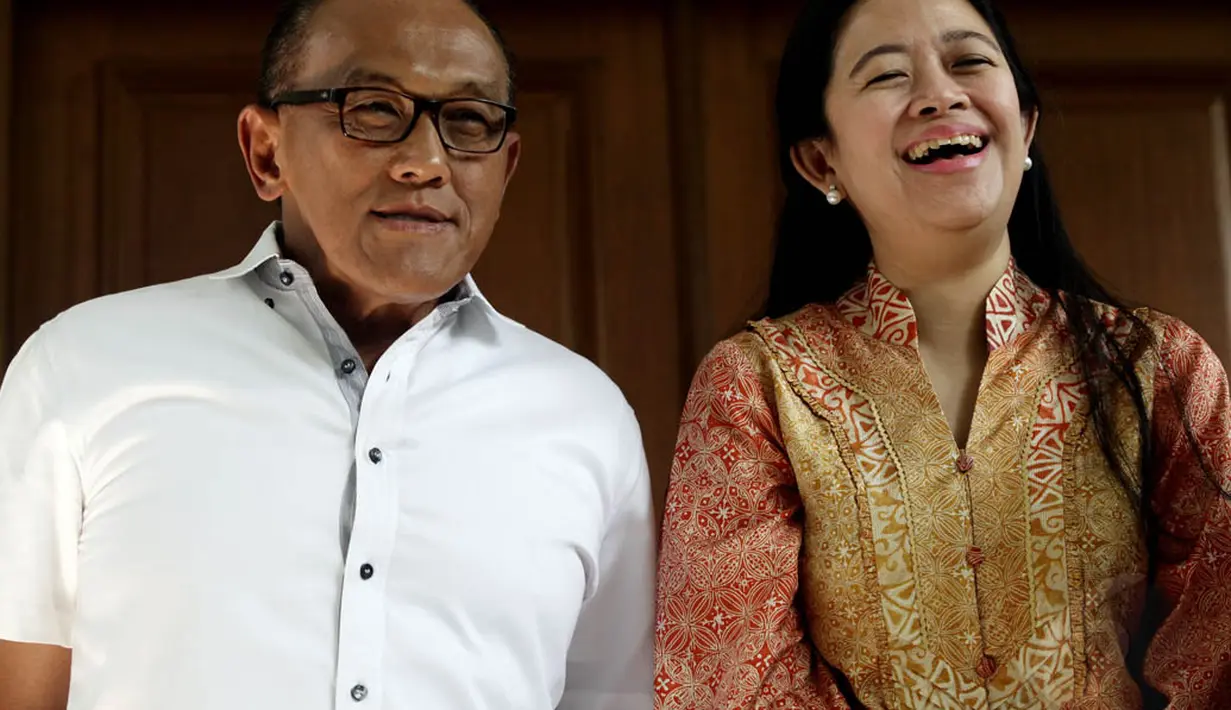 Ketua Umum Golkar Aburizal Bakrie (ARB) didampingi Ketua Dewan Harian PDIP Puan Maharani di kediaman Megawati, Jalan Teuku Umar, Jakarta, Pusat, Kamis (15/5/2014). (Liputan6.com/Johan Tallo)