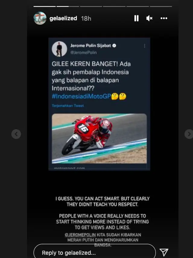 Sean Gelael tegur Jerome Polin
