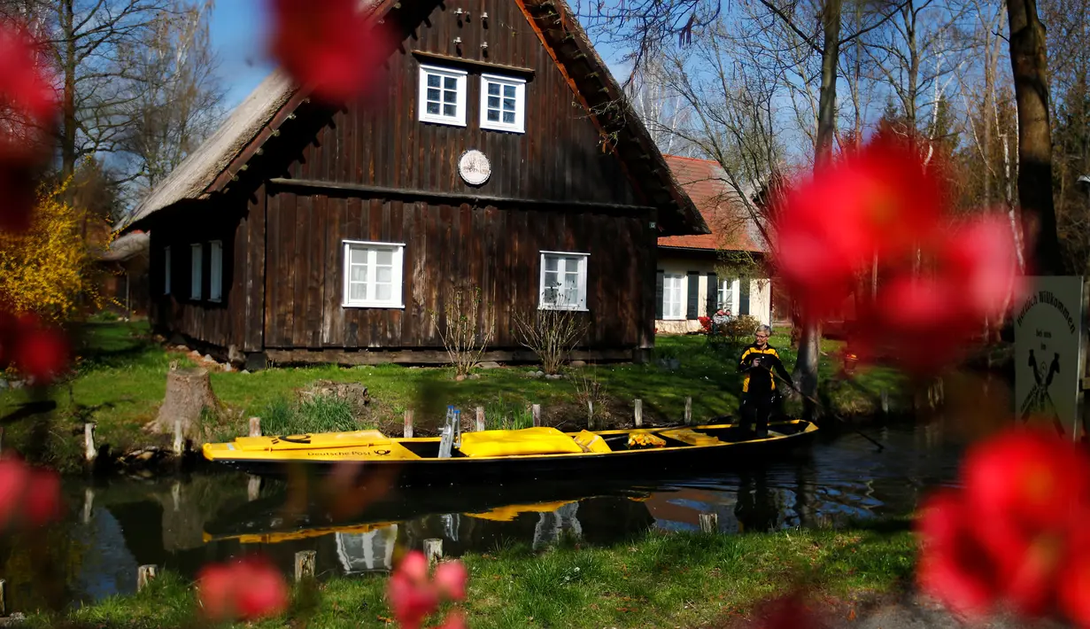 Tukang pos wanita dari Deutsche Pos DHL, Andrea Bunar menggunakan perahu tradisional untuk mengantar surat dan paket di desa Spreewald di Lehde, Jerman, 4 April 2019. Andrea Bunar mengandalkan kekuatan otot mendayung perahu mengantarkan surat sejauh 8 km per harinya. (REUTERS/Hannibal Hanschke)
