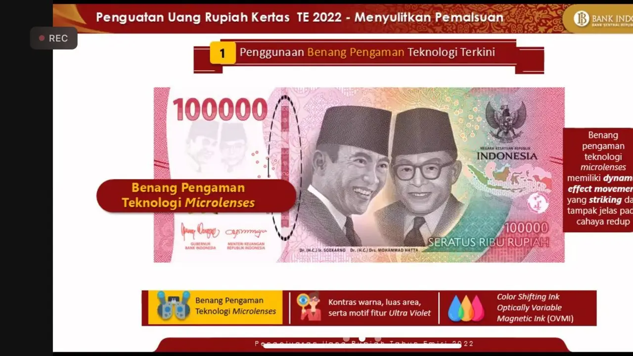 Terdapat teknologi anti pemalsuan dalam tujuh uang baru rupiah kertas tahun emisi 2022. Terdapat 3 aspek utama untuk mencegah pemalsuan. (Dok BI)