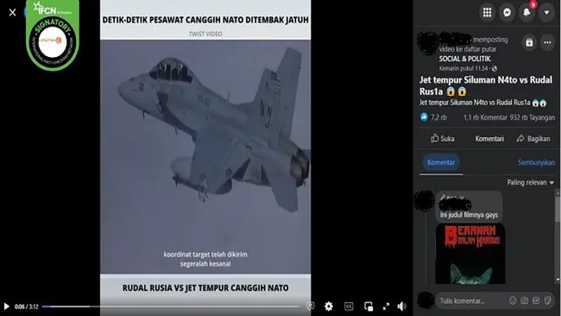 Gambar Tangkapan Layar Video yang Diklaim Jet Tempur NATO Jatuh Ditembak Rudal Milik Rusia (sumber: Facebook).