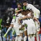 Pemain Italia merayakan kemenangan mereka setelah pertandingan Perempatfinal Euro 2020 melawan Belgia yang berlangsung di Allianz Arena, Jerman pada Jumat (02/06/2021). (AP/Pool/Philipp Guelland)