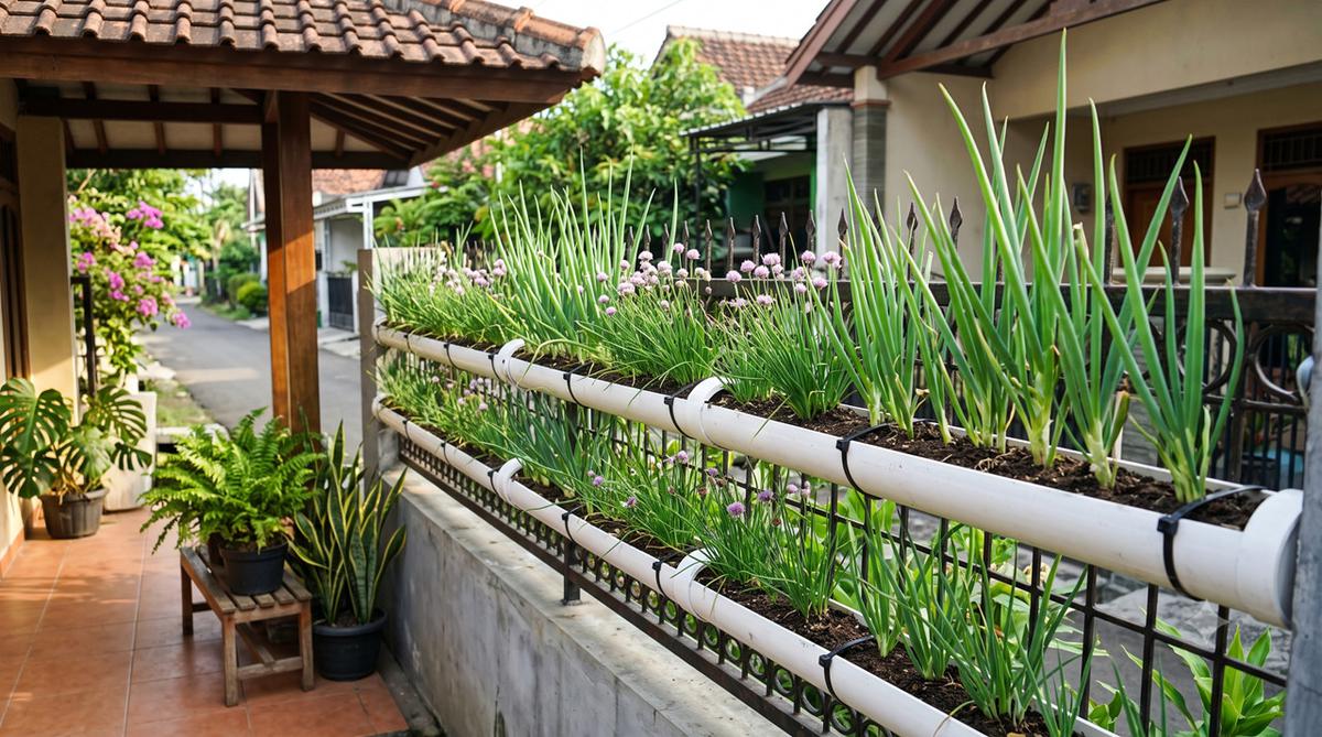 Model Teras dengan Daun Bawang dalam Talang PVC