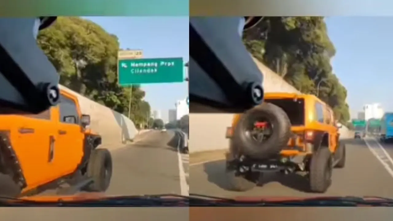 Pengemudi mobil Jeep Rubicon warna oranye yang menyerempet mobil lain saat melintas di tol dalam kota Jakarta, Selasa 18 Juli 2023 lalu