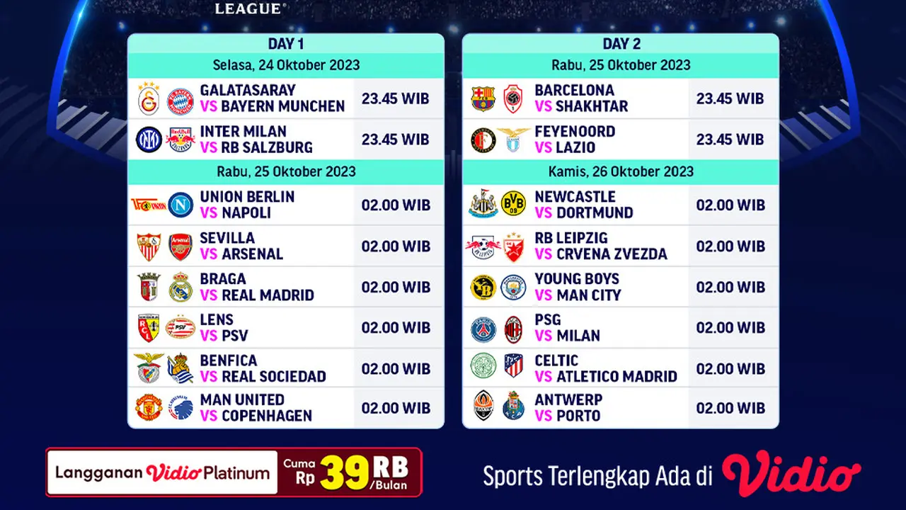 Jadwal dan Link Streaming UCL 23/24 Week 3 di Vidio