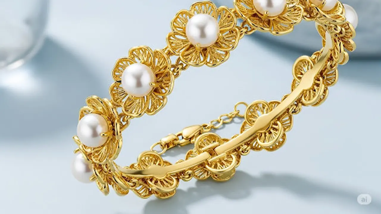 Gelang Mutiara Tema Floral Emas Kuning
