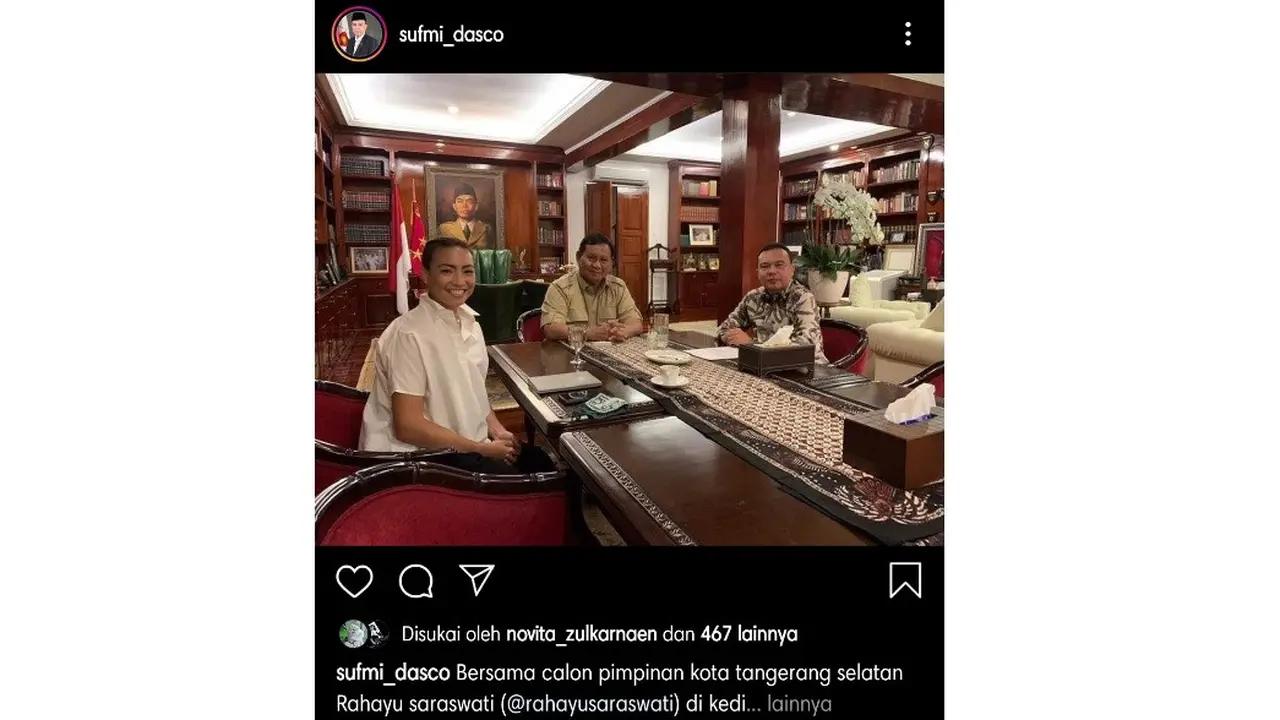 Wakil Ketua Umum Partai Gerindra Sufmi Dasco mengunggah foto kebersamaannya bersama Rahayu Saraswati dan Ketua Umum Partai Gerindra, Prabowo