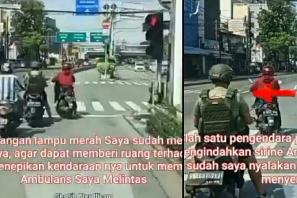 Tangkapan layar aksi oknum anggota TNI AD diduga menghalangi laju mobil ambulans di Jakarta Timur
