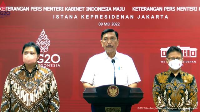 Menteri Koordinator Bidang Kemaritiman dan Investasi (Menko Marves) Luhut Binsar Pandjaitan dalam Keterangan Pers tentang PPKM Bersama Menteri Kabinet Indonesia Maju, di Kantor Presiden, Senin (9/5/2022).