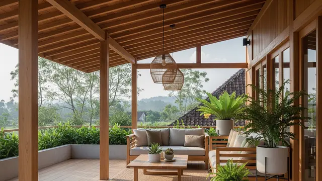 Teras Rumah Pedesaan yang Adem dengan Konsep Semi Outdoor (Gemini AI)