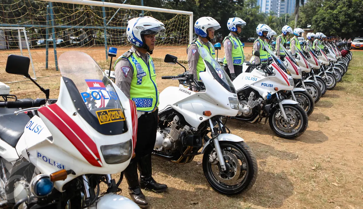 Sebanyak 700 personel disiagakan Polda Metro Jaya untuk mengamankan konferensi organisasi kepala kepolisian ASEAN (ASEANAPOL) ke-35 di Jakarta yang akan diselenggarakan pada 3-7 Agustus 2015, Jakarta, Minggu (2/8/2015). (Liputan6.com/Faizal Fanani)