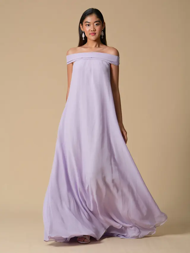 Model Long Dress Warna Pastel Kombinasi Chiffon untuk Pesta