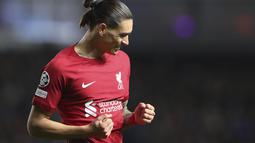 Penyerang Liverpool, Darwin Nunez Firmino berselebrasi setelah mencetak gol ke gawang Rangers selama pertandingan lanjutan Grup A Liga Champions di stadion Ibrox di Glasgow, Skotlandia, Kamis, 13 Oktober 2022. Liverpool menang telak atas Rangers 7-1. (AP Photo/Scott Heppell)