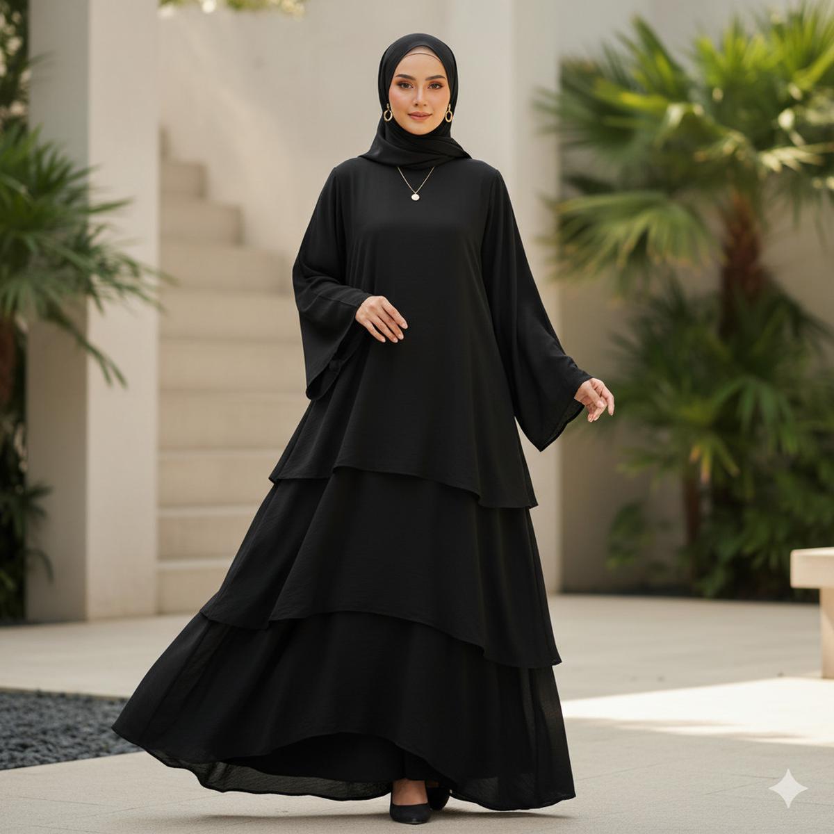 Ilustrasi Gamis Abaya Hitam Polos dengan Potongan Layer