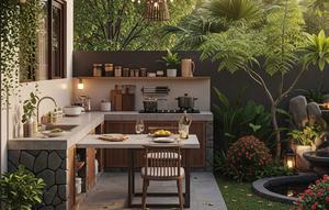 Dapur dengan Dinding Batu Alam. Foto: Gemini