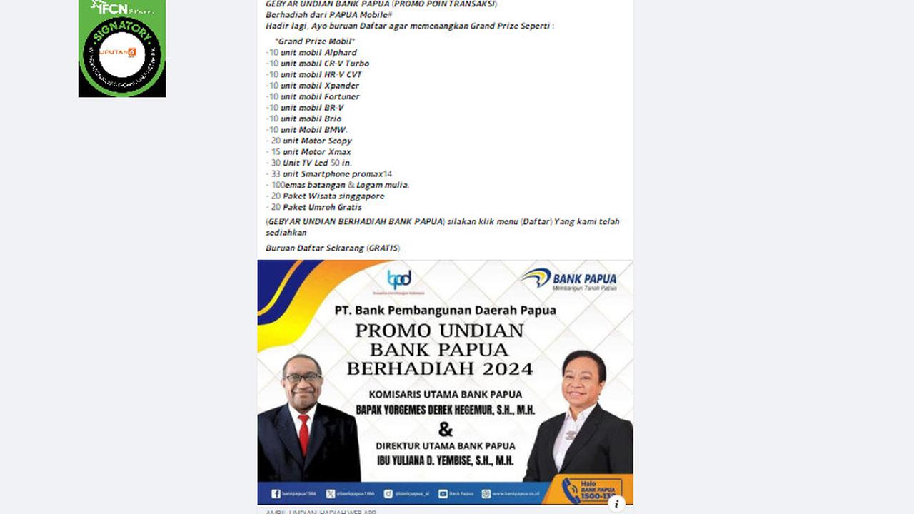 Tangkapan layar  klaim gebyar undian Bank Papua