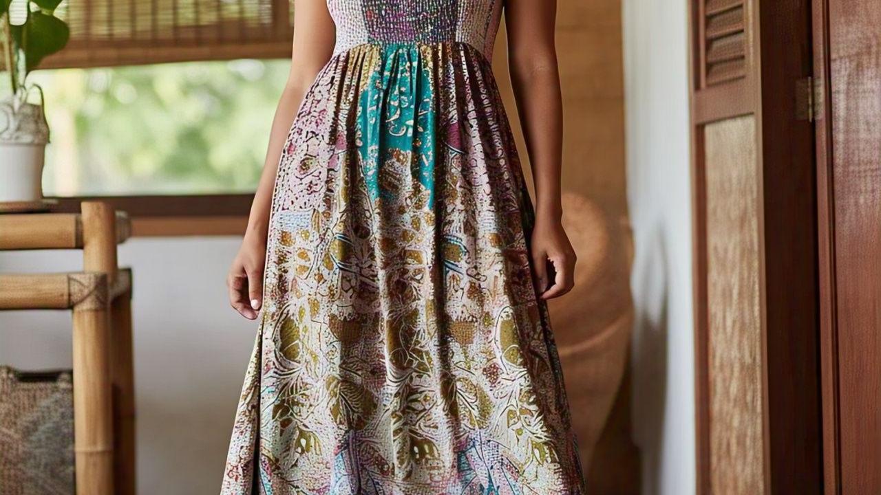 Ilustrasi Dress Batik Maxi Potongan Empire Waist
