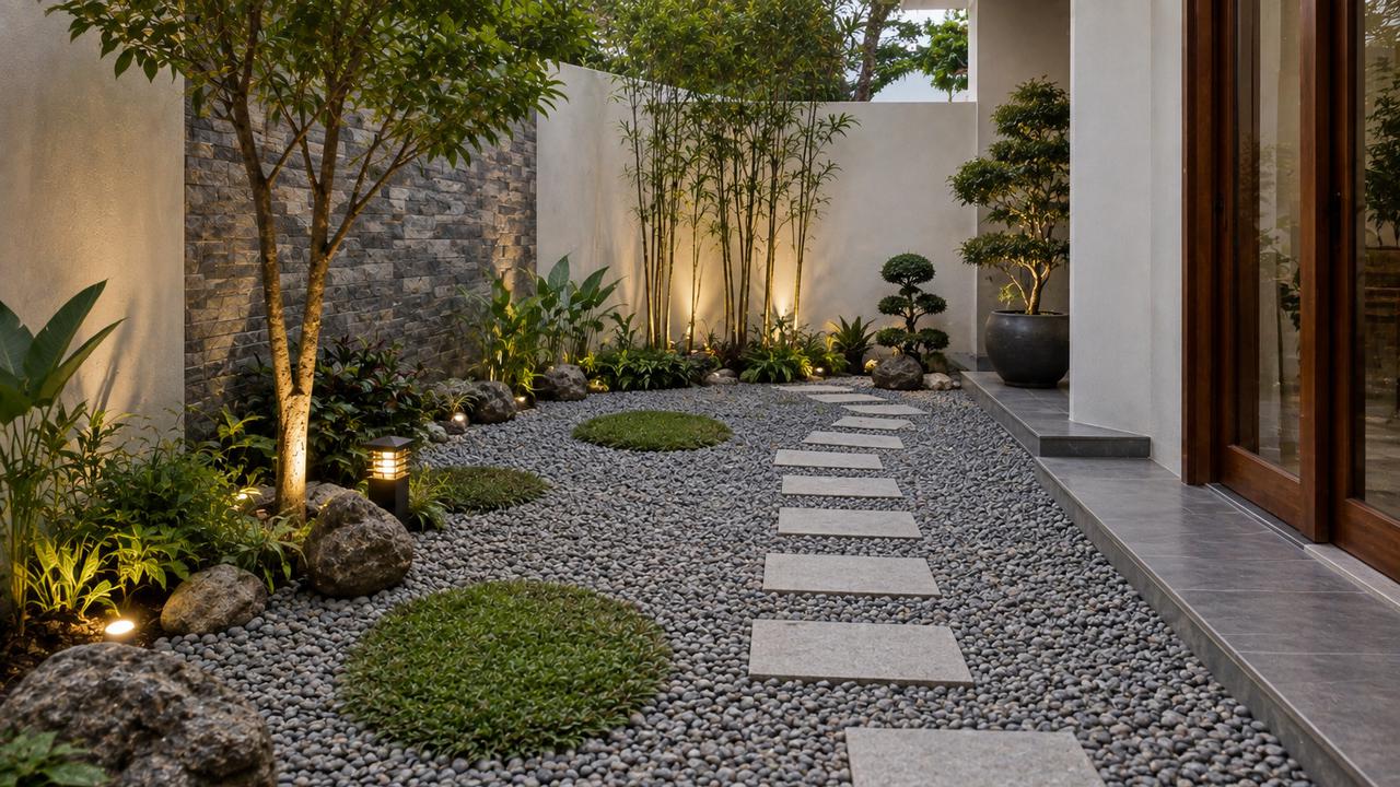 Inspirasi Kombinasi Batu Koral dan Rumput untuk Taman Minimalis