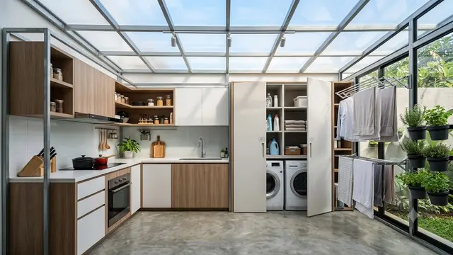 Dapur Kecil Baja Ringan Menyatu dengan Area Cuci Jemur