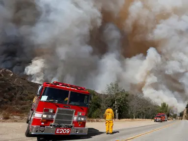 Kebakaran melanda Hutan Nasional Angeles dekat Los Angeles, California, AS (24/7). Sekitar 900 pemadam kebakaran berusaha memadamkan api, dibantu helikopter dan pesawat yang menjatuhkan air dan bahan pemadam. (REUTERS / Jonathan Alcorn)