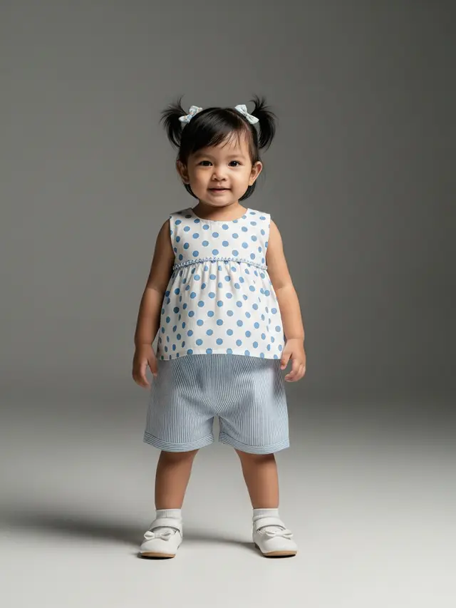 Model Baju Anak Perempuan 1-5 Tahun Atasan Motif Polkadot & Stripe Tanpa Lengan dengan Celana Pendek