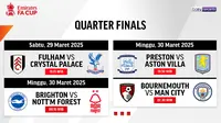 Jadwal dan link siaran langsung FA Cup 2024/25: quarter final di Vidio. Jangan lupa saksikan pertandingan FA Cup 2024/25 pada babak quarter final pada akhir pekan ini hanya di layanan OTT Vidio. (sum. doc. vidio.com)