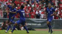 Gelandang Timnas Thailand melakukan selebrasi kontra Indonesia di gelaran SEA Games 2017 yang berlangsung di Stadion Shah Alam, Malaysia (Bola.com/Vitalis Yogi Trisna)