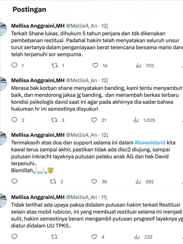 Unggahan Mellisa Anggraini pengacara David Ozora. (Foto: Dok. Twitter @MellisA_An)