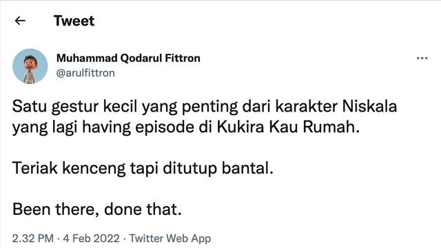Unggahan soal film Kukira Kau Rumah. (Foto: Dok. Twitter @arulfittron)