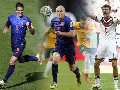 Robin van Persie dan Arjen Robben (Belanda), serta Thomas Mueller menjadi Topskorer Pekan Pertama Piala Dunia 2014, (19/6/2014). (REUTERS/Marko Djurica)