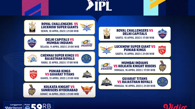 Jadwal Live Streaming Indian Premier League 2023 Week 2 di Vidio, 10-16 April 2023