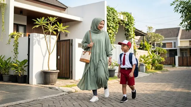 Model Baju Gamis Polos Modern Terbaru untuk Ibu-ibu Antar Jemput Anak