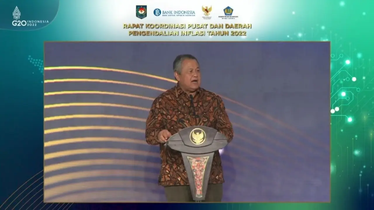 Gubernur Bank Indonesia Perry Warjiyo dalam Rapat Koordinasi Pusat dan Daerah Pengendalian Inflasi 2022, di Jawa Timur, Rabu (14/9/2022).