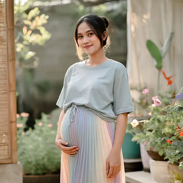Outfit Ibu Hamil Pakai Rok Plisket