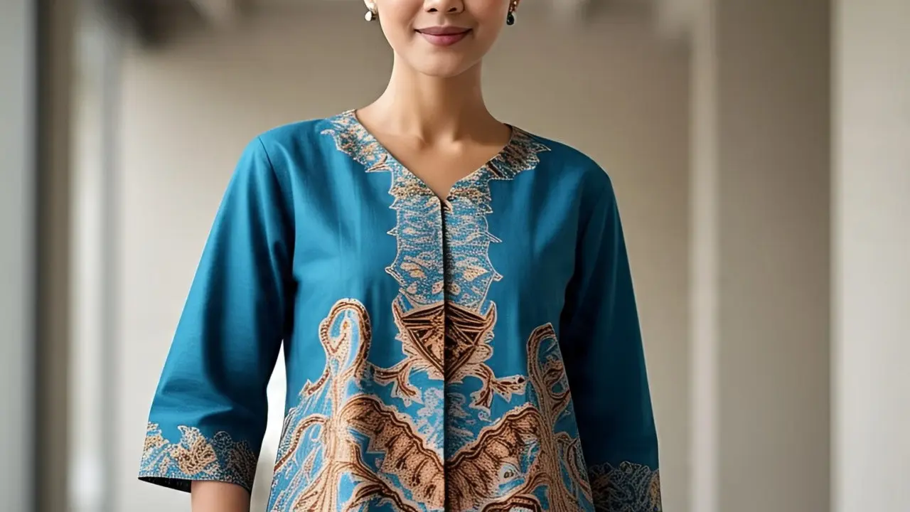 Ilustrasi Perempuan Mengenakan Baju Batik Setelan Rok Panjang