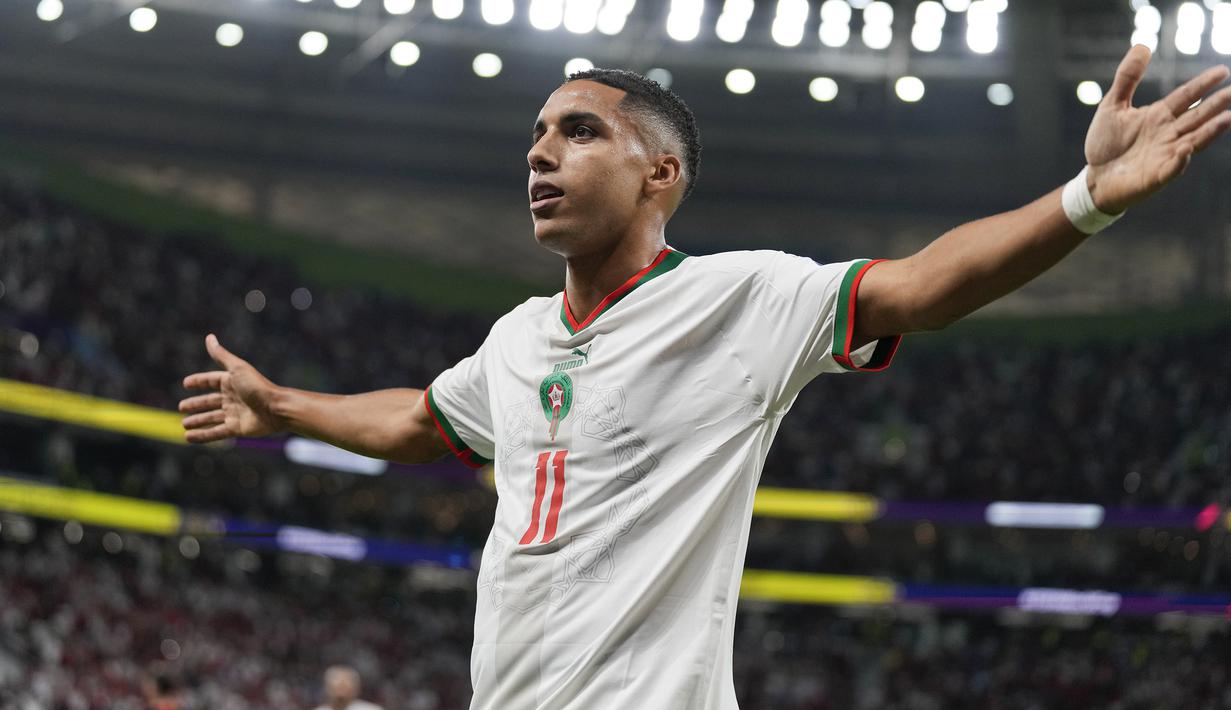 Maroko akhirnya unggul 1-0 pada menit ke-73 melalui gol Abdelhamed Sabiri. Gol dicetak via tendangan bebas dari sudut sempit yang tak mampu diantisipasi Thibaut Courtois. (AP/Frank Augstein)