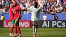Pemain Prancis Ousmane Dembele merayakan setelah mencetak gol kedua timnya selama pertandingan perempat final Piala Dunia antara Prancis dan Maroko di Foxborough, Massachusetts, dekat Boston, Kamis, 9 Juli 2026. (AP Photo/Matt Slocum)