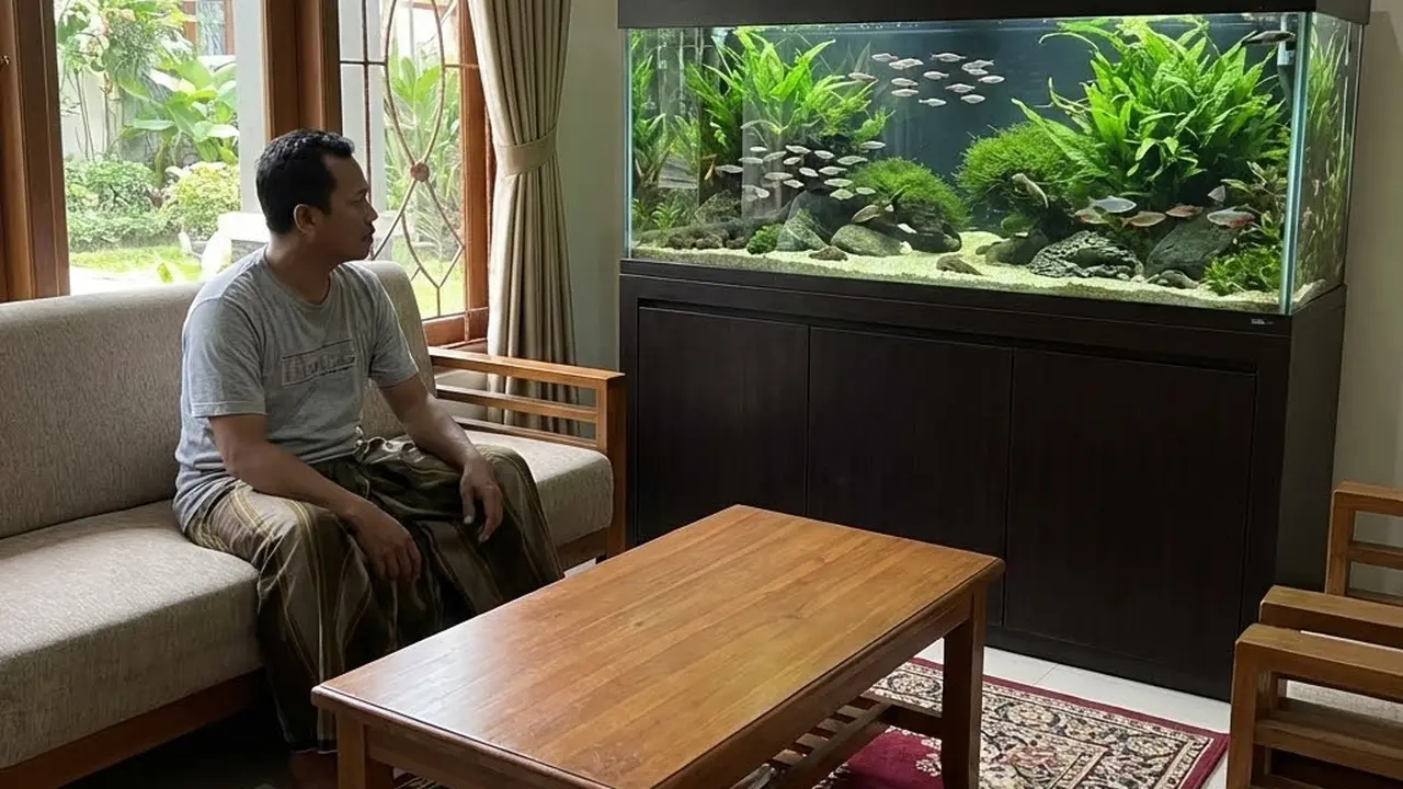 Memelihara ikan hias di akuarium (Gemini AI)