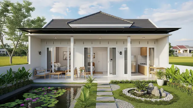 Rumah 6x9 dengan Teras Menghadap Kolam dan Kebun Mini yang Cocok untuk 3-4 Anggota Keluarga